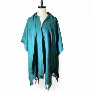 Teal Wool Poncho Cape with Fringe and Button Closure Made in Mexico